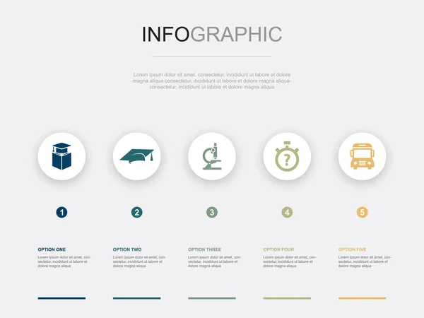 Education Graduation Cap Microscope Quiz School Bus Icons Infographic Design — Image vectorielle