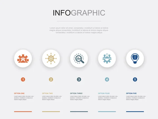 Geliştirme Yönetim Analiz Takım Çalışması Akıllı Ikonlar Infographic Tasarım Şablonu — Stok Vektör