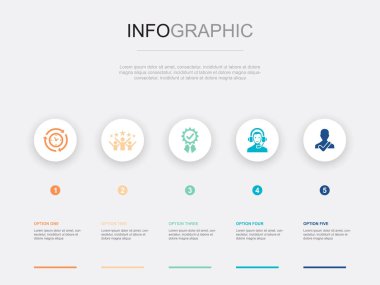 Verimlilik, memnuniyet, kalite, destek, güvenilirlik simgeleri Infographic tasarım şablonu. 5 adımlı yaratıcı kavram