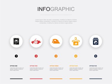 Çamaşır makinesi, ekspres temizlik, ütü, kuru temizleme, çamaşırhane ikonları Infographic tasarım şablonu. 5 adımlı yaratıcı kavram