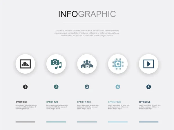 Illustration Médias Contenu Social Technologie Icônes Vidéo Modèle Conception Infographie — Image vectorielle