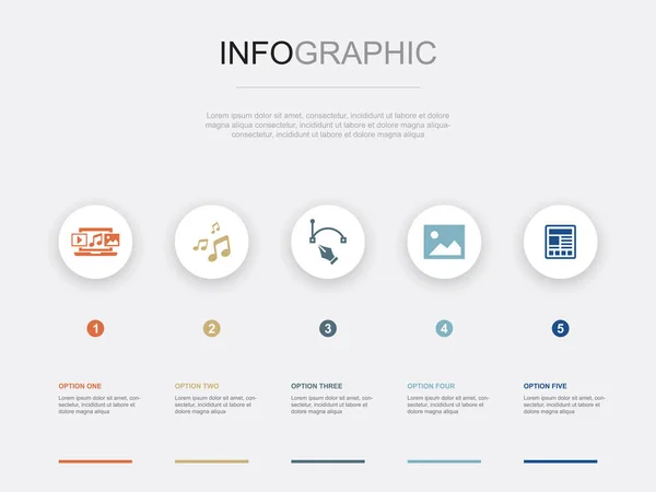 Digitale Inhalte Musik Vektorbild Foto Artikelsymbole Infografik Design Vorlage Kreatives — Stockvektor