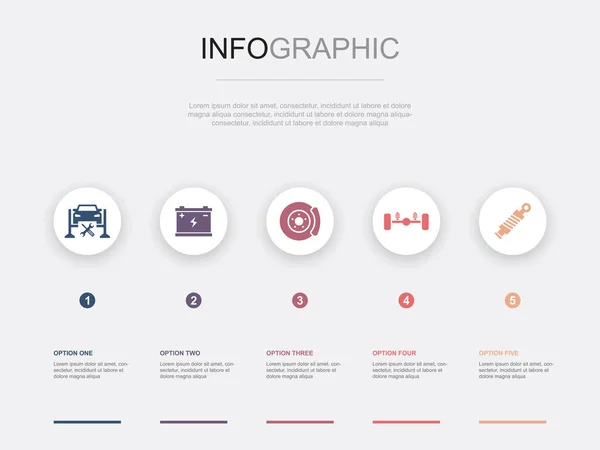 Υπηρεσία Αυτοκινήτων Μπαταρία Δισκόφρενο Ανάρτηση Εικονίδια Αμορτισέρ Infographic Πρότυπο Σχεδιασμού — Διανυσματικό Αρχείο