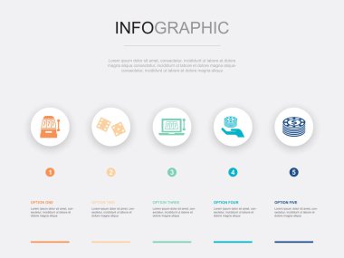 Kumar makinesi, zar, online kumarhane, bahis, çip simgeleri Infographic tasarım şablonu. 5 adımlı yaratıcı kavram