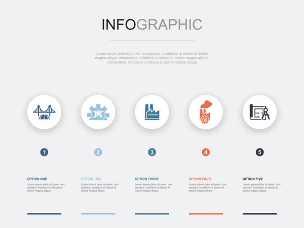 Υποδομή Ανάπτυξη Εργοστάσιο Βιομηχανία Εικονίδια Σχέδιο Infographic Πρότυπο Σχεδιασμού Δημιουργική — Διανυσματικό Αρχείο