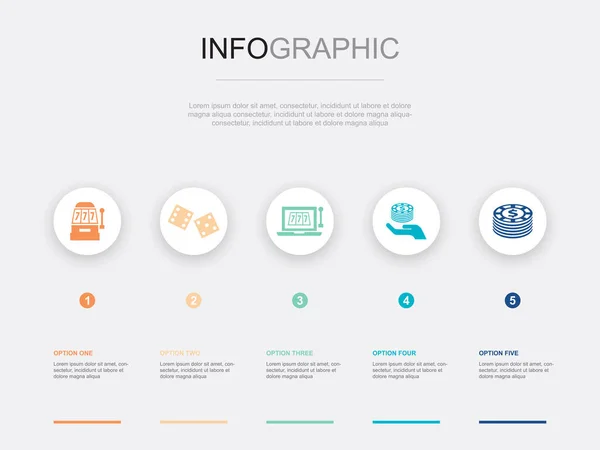 슬롯머신 주사위 온라인 카지노 아이콘 Infographic 디자인 템플릿 단계가 크리에이티브 — 스톡 벡터