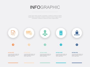 veri şifreleme, güvenli ödeme, çevrimiçi gizlilik, mobil güvenlik, şifre simgeleri Infographic tasarım şablonu. 5 adımlı yaratıcı kavram