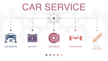 araba servisi, pil, disk freni, süspansiyon, şok emici simgeleri Infographic tasarım şablonu. 5 adımlı yaratıcı kavram