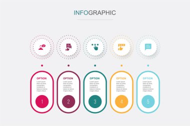 Referans, geri bildirim, tavsiye, inceleme, yorum simgeleri Infographic tasarım şablonu. 5 adımlı yaratıcı kavram