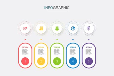 Seyahat zamanı, otel rezervasyonu, sırt çantası, dünya, gezi tarihi ikonları Infographic tasarım şablonu. 5 adımlı yaratıcı kavram
