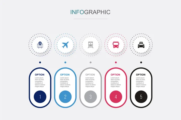 Karte Flugzeug Zug Bus Taxi Symbole Infografik Design Vorlage Kreatives — Stockvektor