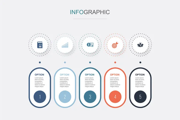 Geschäftsbericht Wachstum Anleihen Ziel Dividenden Symbole Infografik Design Vorlage Kreatives — Stockvektor