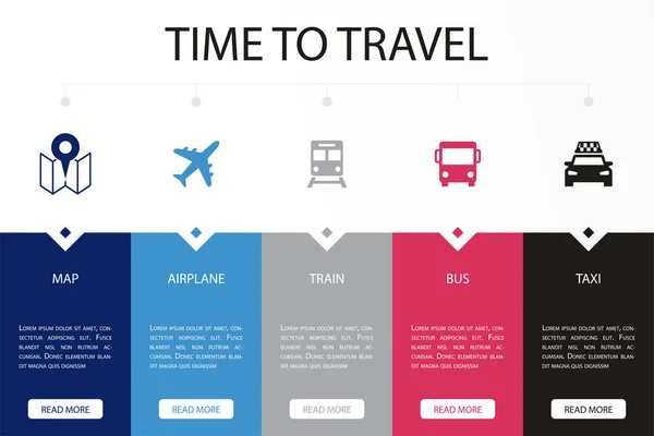 Harita Uçak Tren Otobüs Taksi Ikonları Infographic Tasarım Şablonu Adımlı — Stok Vektör