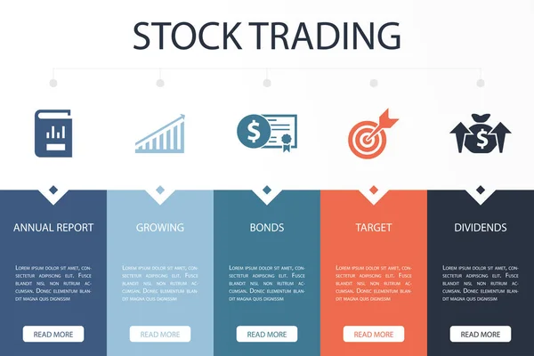 Éves Jelentés Növekvő Kötvények Cél Osztalékok Ikonok Infographic Design Template — Stock Vector