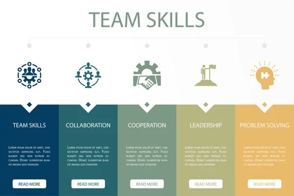 Takım Becerileri Işbirliği Işbirliği Liderlik Problem Çözme Ikonları Infographic Tasarım — Stok Vektör