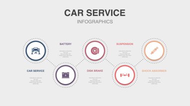araba servisi, pil, disk freni, süspansiyon, şok emici simgeleri Infographic tasarım şablonu. 5 seçenekli yaratıcı konsept