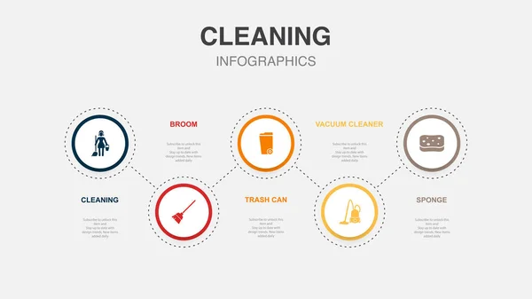 Cleaning Broom Trash Can Vacuum Cleaner Sponge Icons Infographic Design — Stock Vector