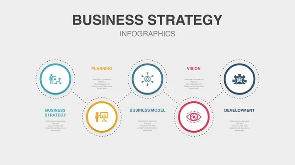 Geschäftsstrategie Planung Geschäftsmodell Vision Entwicklungssymbole Infografik Design Vorlage Kreatives Konzept — Stockvektor