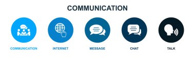 İletişim, internet, mesaj, sohbet, konuşma simgeleri Infographic tasarım şablonu. 5 seçenekli yaratıcı konsept