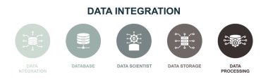 Veri entegrasyonu, veritabanı, veri bilimci, veri depolama, veri işleme simgeleri Infographic tasarım şablonu. 5 seçenekli yaratıcı konsept