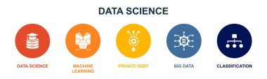 Veri bilimi, makine öğrenimi, Algoritma, Büyük Veri, Sınıflandırma ikonları Infographic tasarım şablonu. 5 seçenekli yaratıcı konsept
