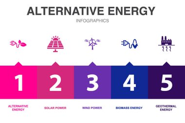 Alternatif enerji simgeleri Infographic tasarım şablonu. 5 adımlı yaratıcı kavram