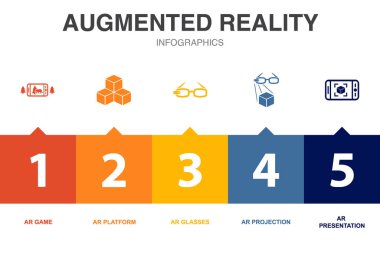 Artırılmış gerçeklik simgeleri Infographic tasarım şablonu. 5 seçenekli yaratıcı konsept