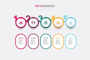Müşteri ilişkileri, iletişim, hizmet, CRM, müşteri hizmetleri ikonları Infographic tasarım şablonu. 5 seçenekli yaratıcı konsept