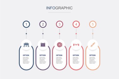 araba servisi, pil, disk freni, süspansiyon, şok emici simgeleri Infographic tasarım şablonu. 5 seçenekli yaratıcı konsept