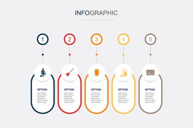 Temizlik, süpürge, çöp tenekesi, elektrikli süpürge, sünger simgeleri Infographic tasarım şablonu. 5 seçenekli yaratıcı konsept