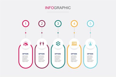 Müşteri ilişkileri, iletişim, hizmet, CRM, müşteri hizmetleri ikonları Infographic tasarım şablonu. 5 seçenekli yaratıcı konsept