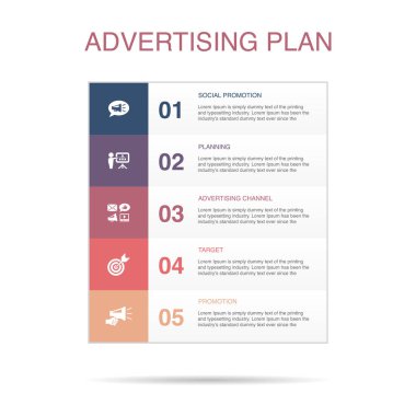 Sosyal tanıtım, planlama, reklam kanalı, hedef, promosyon ikonları Infographic tasarım şablonu. 5 seçenekli yaratıcı konsept
