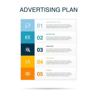 Reklam Planı, pazarlama, analiz, strateji, görüş simgeleri Infographic tasarım şablonu. 5 seçenekli yaratıcı konsept