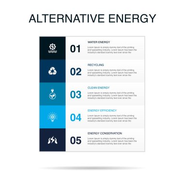Su Enerjisi, Geri Dönüşüm, Temiz Enerji, Enerji Verimliliği, Enerji Koruma ikonları Bilgi Tasarım Şablonu. 5 seçenekli yaratıcı konsept