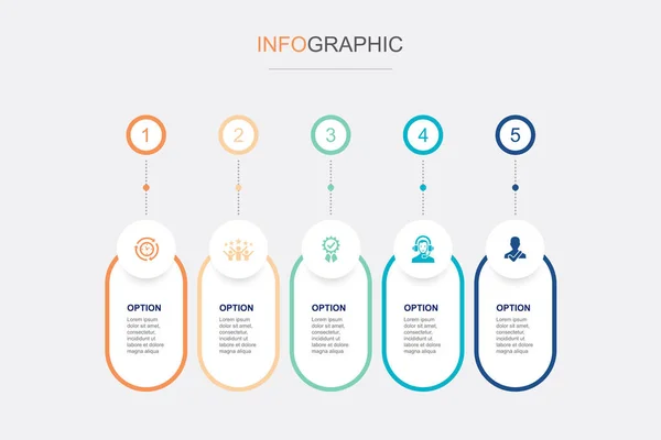 Efficiëntie Tevredenheid Kwaliteit Ondersteuning Betrouwbaarheid Pictogrammen Infographic Design Template Creatief — Stockvector