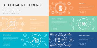 Büyük veri, veri madenciliği, yapay zeka robotu, sinirsel ağ, yapay zeka simgeleri, bilgi tasarım şablonu. 5 seçenekli yaratıcı konsept