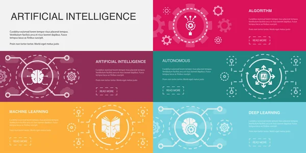 Yapay Zeka, Makine Öğrenme, Algoritma, Özerk, Derin Öğrenme Simgeleri Bilgi Tasarım Şablonu. 5 seçenekli yaratıcı konsept