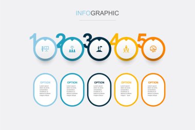 İş Planlama, İşbirliği Fikri, Liderlik, Takım oluşturma, Üretim ikonları Infographic tasarım şablonu. 5 seçenekli yaratıcı konsept