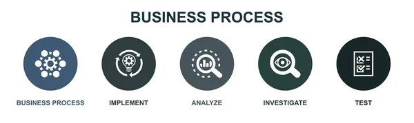 Business Process Implementare Analizzare Indagare Testare Icone Modello Progettazione Infografica — Vettoriale Stock