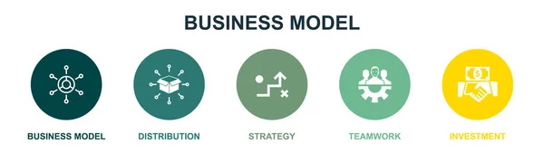 Business Model Distribution Stratégie Travail Équipe Icônes Investissement Modèle Conception — Image vectorielle