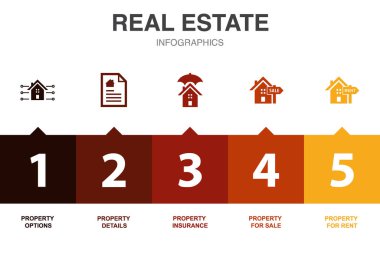 Gayrimenkul simgeleri Infographic tasarım şablonu. 5 seçenekli yaratıcı konsept