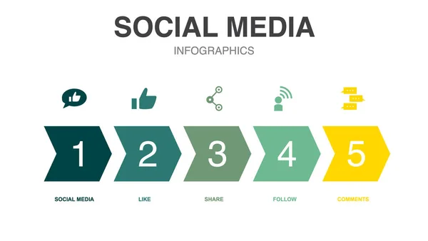 ソーシャルメディアのアイコンインフォグラフィックデザインテンプレート 5つのステップで創造的なコンセプト — ストックベクタ