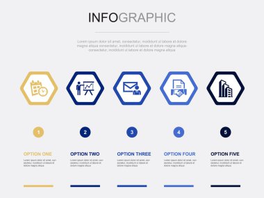 İş simgeleri Infographic tasarım şablonu. 5 adımlı yaratıcı kavram