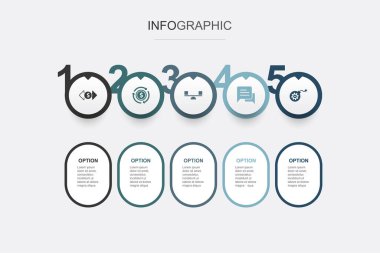 Finans, gelir, istikrar, danışmanlık, risk simgeleri Infographic tasarım şablonu. 5 seçenekli yaratıcı konsept