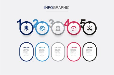 İş, süreç, denge, performans, analiz simgeleri Infographic tasarım şablonu. 5 seçenekli yaratıcı konsept