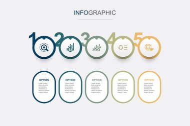 analitik, veri görselleştirme, doğrusal grafik, bilgi şeması, web araştırma ikonları Infographic tasarım şablonu. 5 seçenekli yaratıcı konsept