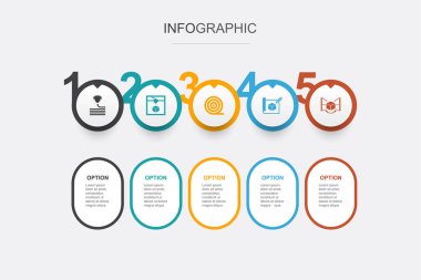 3d yazıcı, 3d yazıcı, filament, prototip, 3d tarayıcı simgeleri Infographic tasarım şablonu. 5 seçenekli yaratıcı konsept