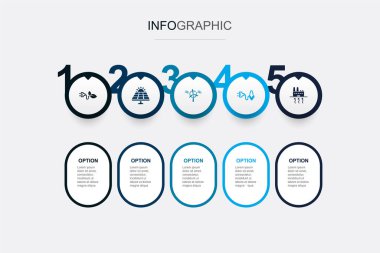 Alternatif enerji, Güneş enerjisi, Rüzgâr enerjisi, Biyokütle Enerjisi, Jeotermal Enerji ikonları Infographic tasarım şablonu. 5 seçenekli yaratıcı konsept