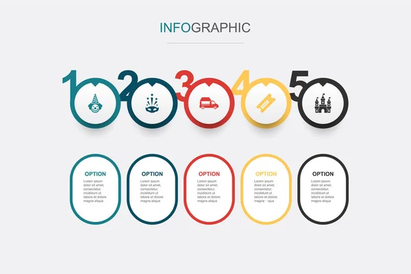 Palyaço Karnaval Yemek Kamyonu Bilet Kale Ikonları Infographic Tasarım Şablonu Telifsiz Stok Vektörler