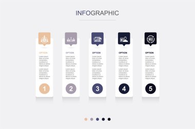 Dış kaynak kullanımı, içerik stratejisi, dijital içerik, içerik yaratıcısı, İçerik İyimserleştirme simgeleri Infographic tasarım şablonu. 5 seçenekli yaratıcı konsept
